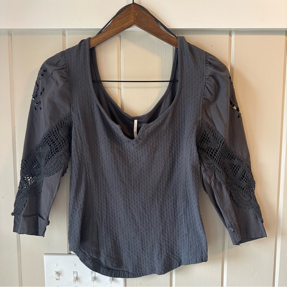 Free People Tops - Free People Charcoal Blouse with Lace Detail, Size Small, EUC